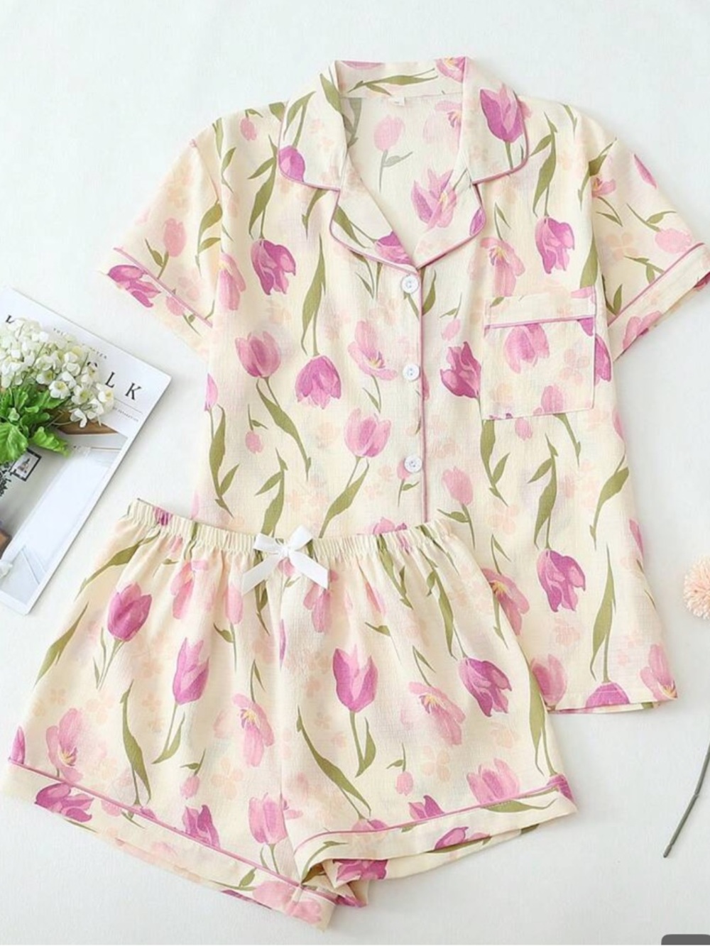Floral Pink Tulip Short Pajama Set - Women's Summer Sleepwear